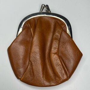 Vintage Brown Leather Coin Purse with Distinct Kiss Lock